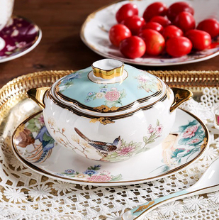 中式 家用陶瓷炖盅带盖燕窝碗酒店隔水甜品盅描金骨瓷蒸煮位上汤盅