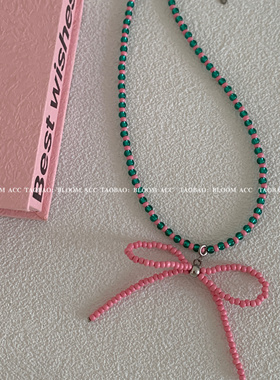 春夏手作绿粉串珠锁骨链Pink粉色蝴蝶结项链少女感天然石毛衣链女