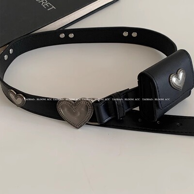 甜酷复古爱心黑色腰带包PU皮革小方腰包ins风休闲百搭装饰带潮