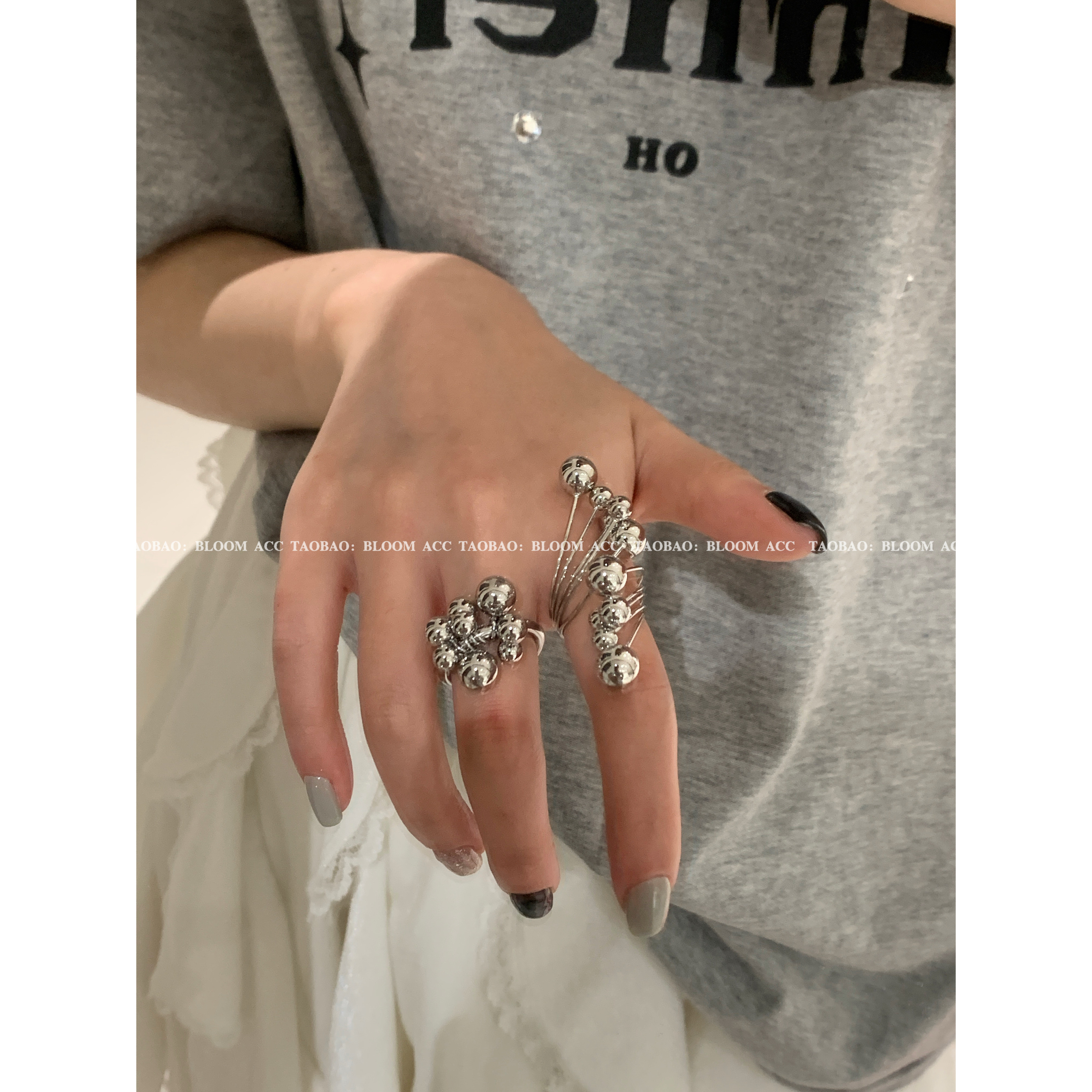 小众中性风个性简约金属球球戒指女ins冷淡风多层开口食指戒叠戴