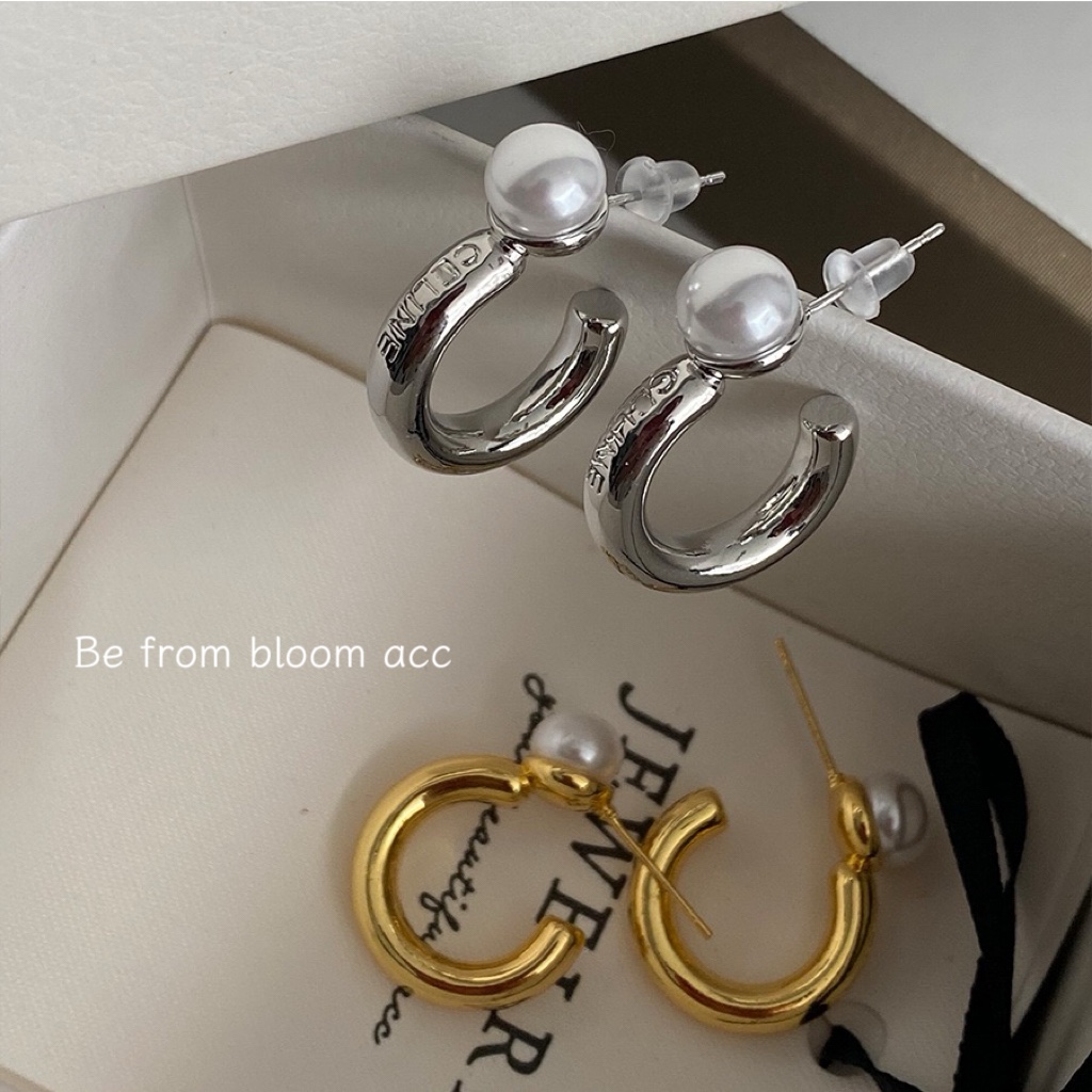 925银针黄铜真金电镀珍珠设计感C型耳环时尚ins百搭小众字母耳圈