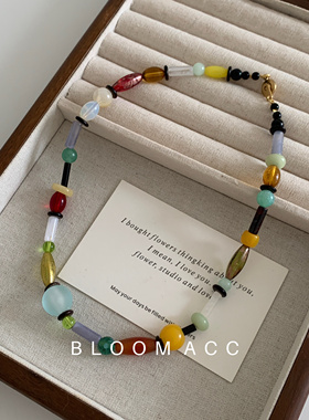 多元素复古天然石头清透的彩色玻璃和多宝石小众项链钛钢不掉色