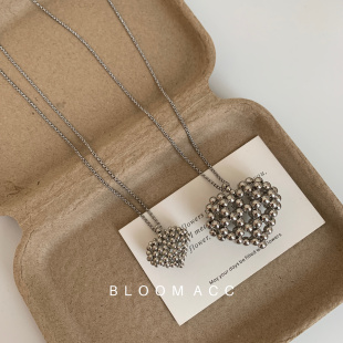 韩国ins博主简约百搭银色串珠立体爱心吊坠毛衣链项链长款卫衣链