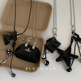 甜酷风多元 毛衣链 素黑色皮革包包五角星蝴蝶结流苏吊坠项链长款