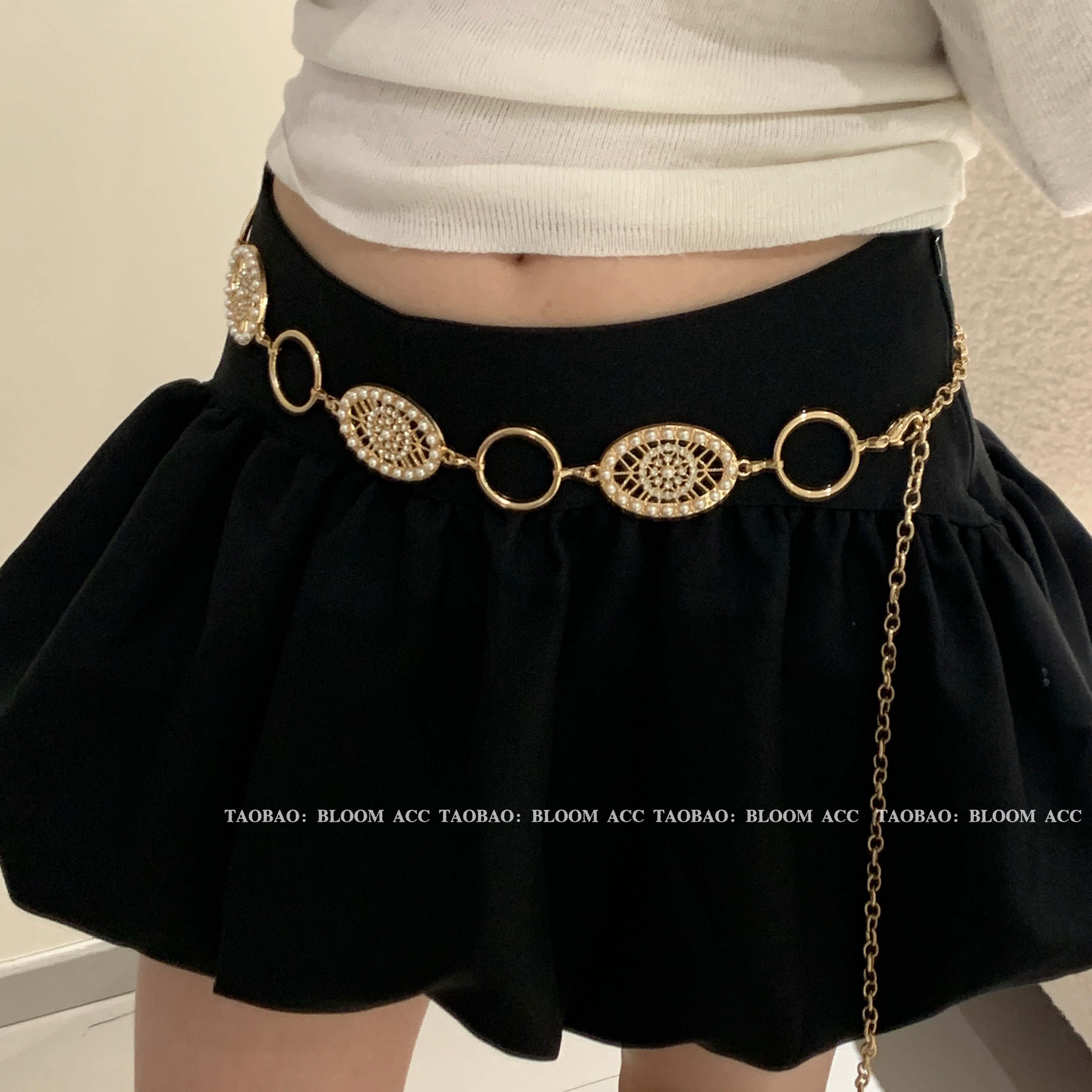 新款复古高级感腰链镂空镶钻珍珠水钻时尚精致金属雕花配饰服饰链