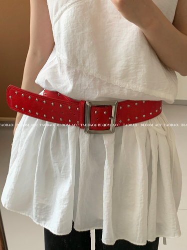 朋克风红色铆钉腰带女款美式复古小众配裙子腰封辣妹风高级感皮带