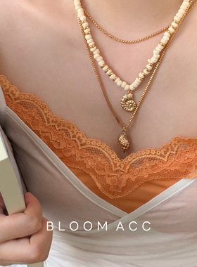 复古波西米亚风海螺吊坠叠戴项链米珠与金链拼接设计 度假锁骨链