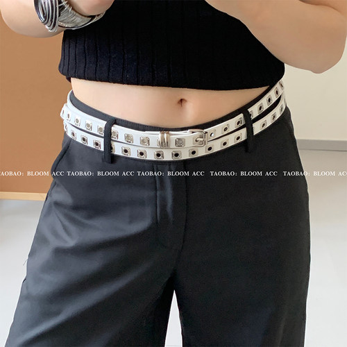 甜酷朋克风方形铆钉双层腰带pu皮革皮带高级感百搭服饰配饰带女