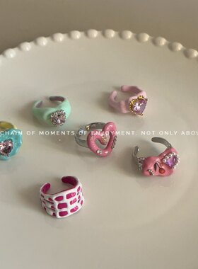 小众设计金属珐琅滴油叠戴戒指 女Y2K甜美少女高级感马卡龙开口戒