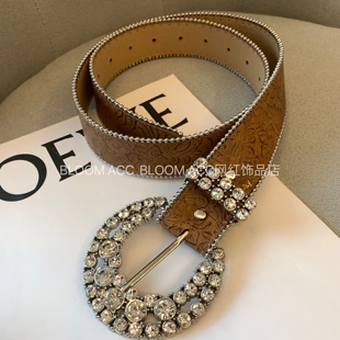 复古民族风棕色雕花纹理皮带腰带满钻锆钻扣裤 带配饰