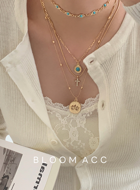 中古ins波西米亚多层叠戴项链金色十字架吊坠锁骨链轻奢风配饰链