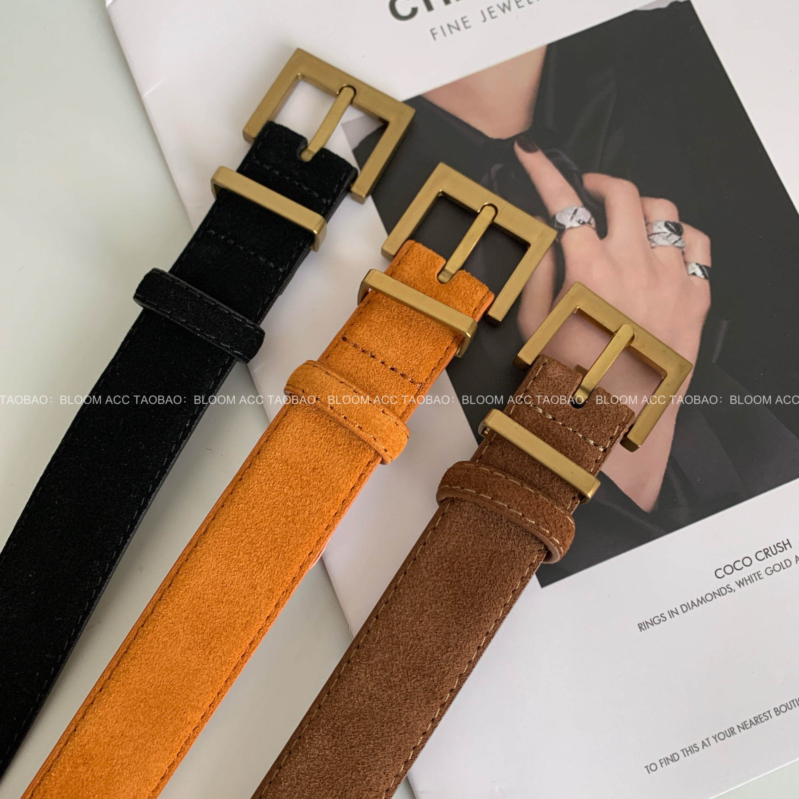 韩系简约百搭黑色麂皮绒真皮皮带女高级感金属扣腰带配裙子裤腰带