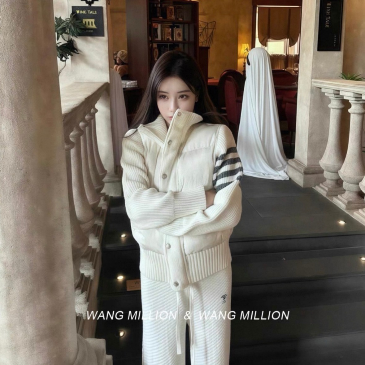 韩系学院风设计感拼接针织棉服男女秋冬独特别致立领轻薄棉衣外套