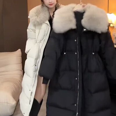 羽绒服女新款韩版时尚仿皮草狐狸毛领长款收腰百搭显瘦棉服外套