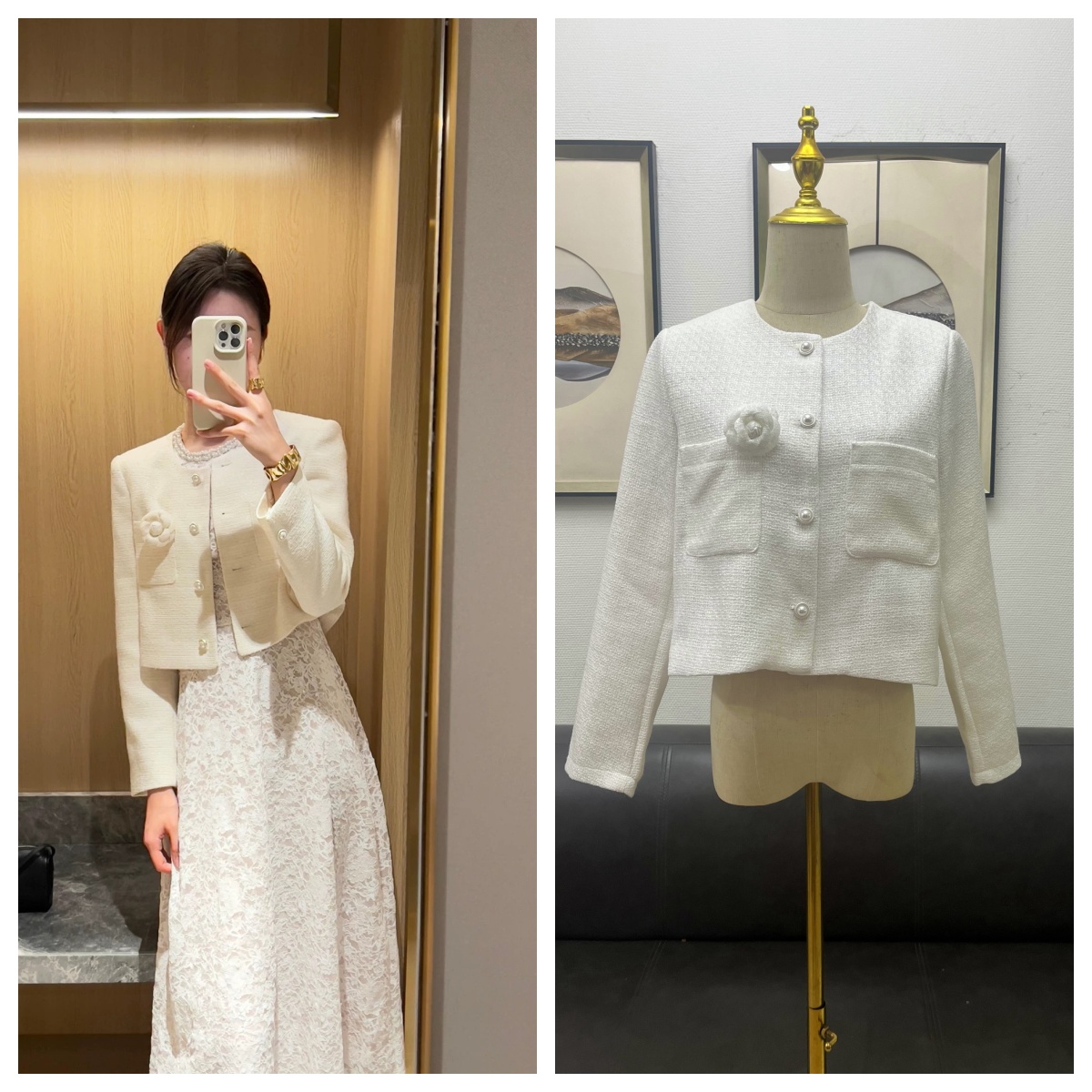 MandyZhang千金白月光花纱白色小香风短外套女秋季山茶花气质上衣