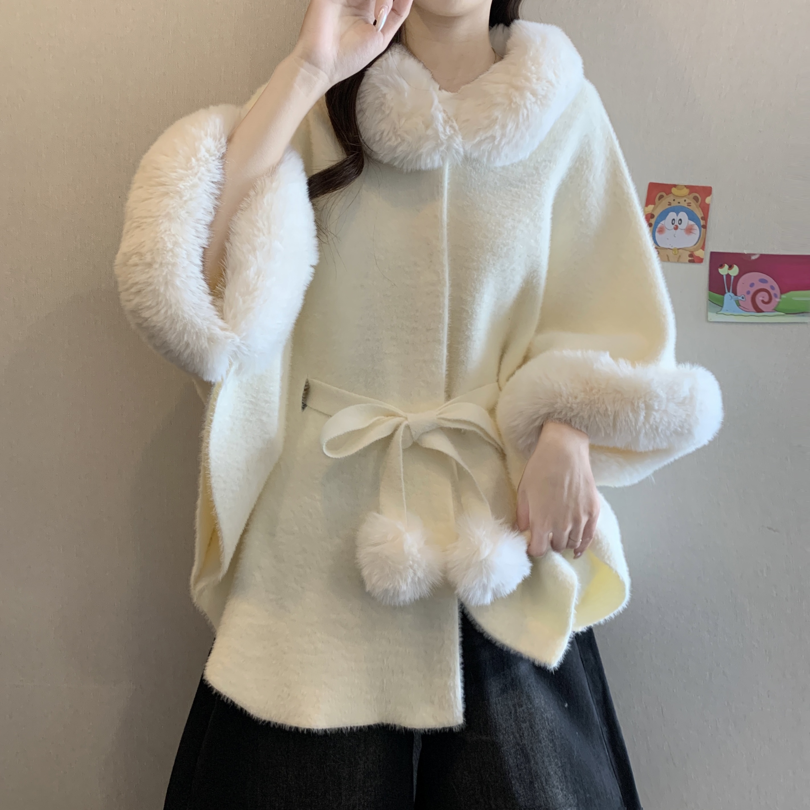 大码千金名媛风拼接毛呢斗篷外套女冬季2025新款保暖开衫上衣