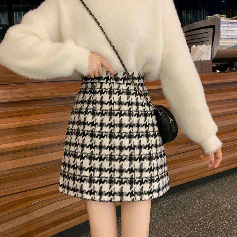 实拍实价~冬季韩版复古高腰加厚A字裙百搭毛呢半身裙