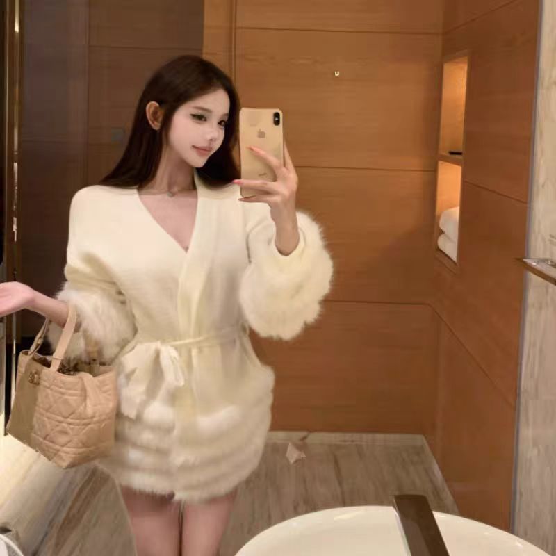 新款时尚慵懒迷人温柔气质毛毛拼接V领系带针织开衫上衣秋冬外套