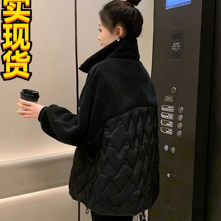 2025年新款冬装大码宽松显瘦立领羊羔毛拼接皮草外套女