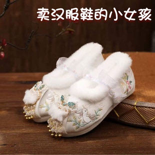 冬季新款女童加绒汉服棉鞋古风儿童绣花鞋中国风手工宝宝拜年鞋子