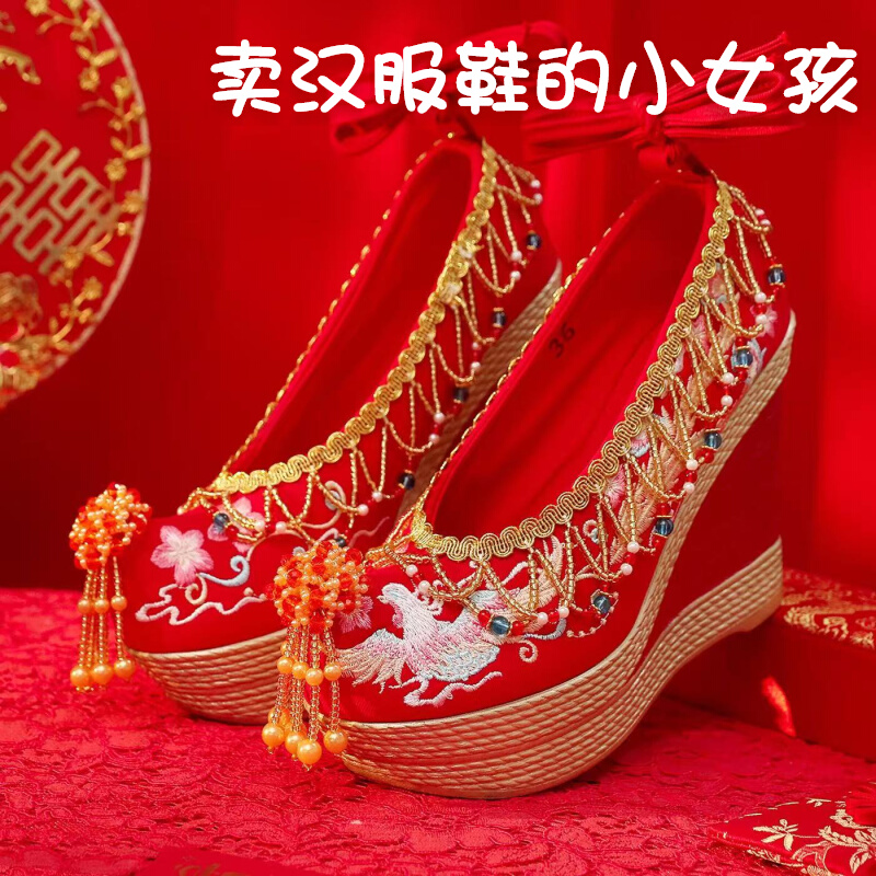 红色秀禾婚鞋超高跟10cm绣花婚鞋