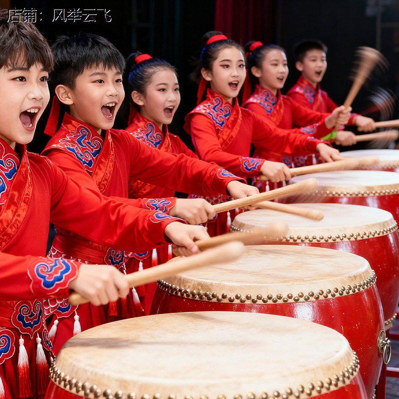 2026新款丰收锣鼓演出服儿童腰鼓舞古典舞中国风红色喜庆打鼓服装