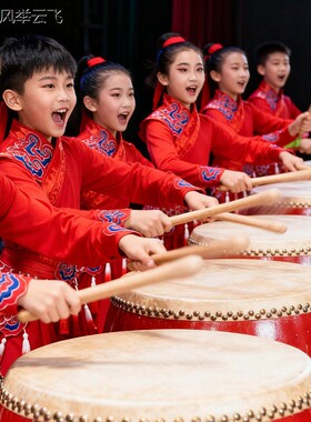 2026新款丰收锣鼓演出服儿童腰鼓舞古典舞中国风红色喜庆打鼓服装