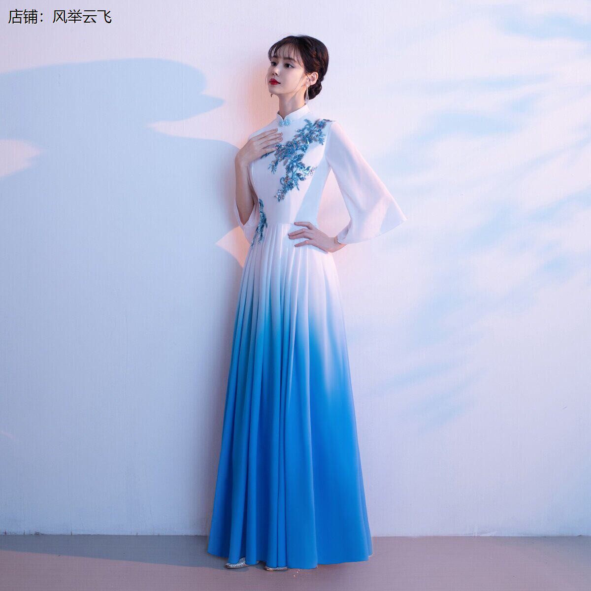 大合唱团演出服女长裙成人古筝演奏琵琶二胡表演服中国风艺考礼服