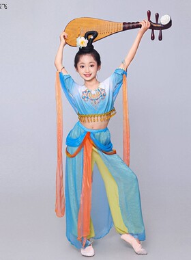新款敦煌舞蹈服儿童飞天乐鼓舞演出服反弹琵琶飘逸古典舞表演服女