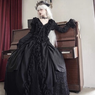【尾款】-古典哥特礼-浪漫主义哥特套装-寡妇风落地长裙-万塔黑
