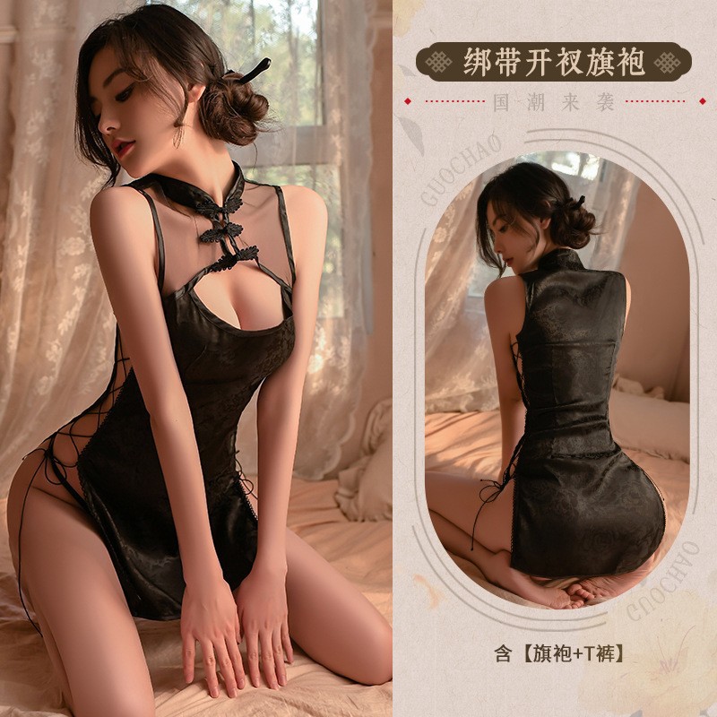 性感俏趣内衣禁欲系床上女小胸旗袍制服纯色趣味睡衣袍情侣丝袜