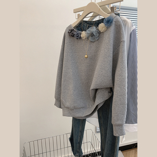 正肩套头长袖卫衣外套女款小个子短款宽松薄款圆领上衣设计感小众