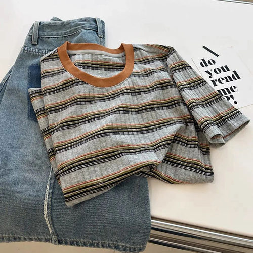 撞色条纹显瘦圆领正肩短袖t恤