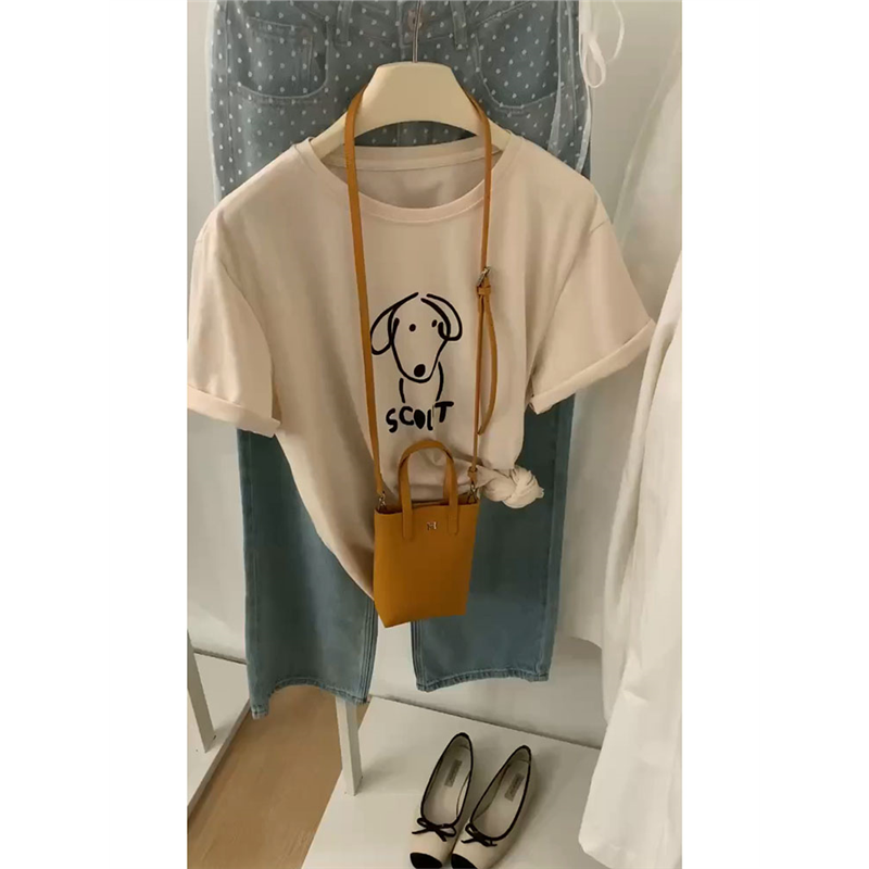 2024新款早春小个子甜辣小狗印花杏色针织t恤女夏季短款短袖上衣