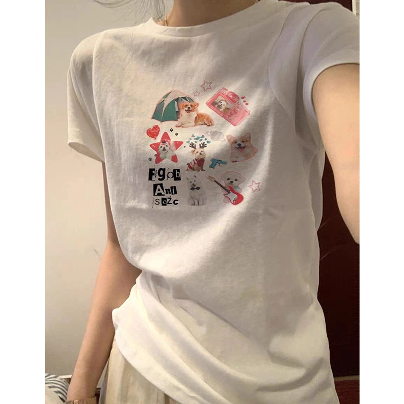 夏季趣味可爱小狗印花短袖T恤女纯欲风chic显瘦小众减龄短款上衣
