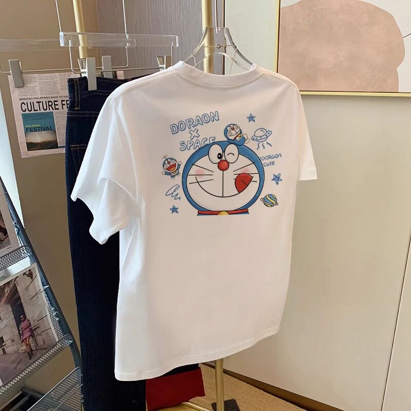 白色哆啦a梦短袖t恤女夏季多巴胺洋气减龄百搭设计感小众宽松上衣