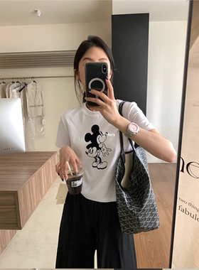 韩系卡通米奇印花白色短袖t恤女2025夏季新品正肩短款上衣小个子