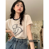 设计感宽松撞色圆领小众上衣 2024新款 可爱卡通针织短袖 T恤女夏季
