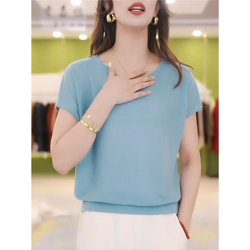 轻奢高级感纯色冰丝短袖针织衫女夏季2024新款多巴胺宽松显瘦上衣