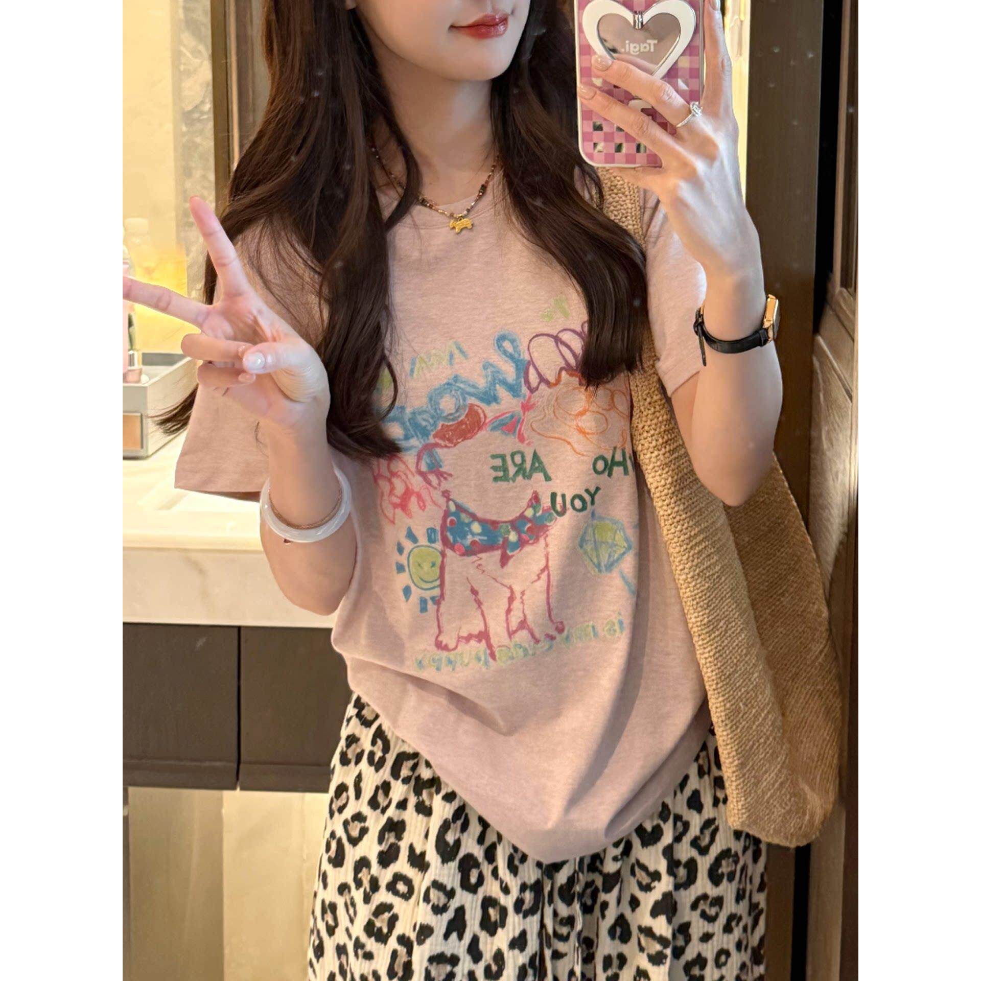韩国涂鸦风短袖T恤女夏新款纯棉印花宽松美式百搭显瘦上衣