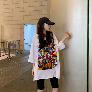 2026年夏季新款美式宽松涂鸦大印花短袖T恤女oversize中长款上衣