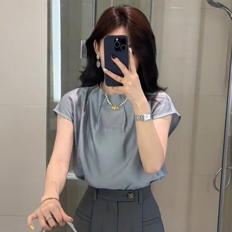 轻奢高级感气质皱褶短袖衬衫女2024夏季洋气减龄宽松休闲上衣薄款