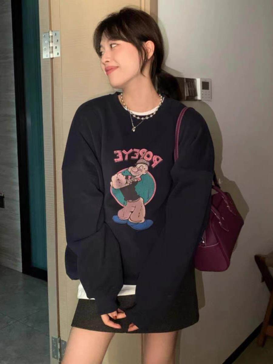 美式复古圆领卫衣女大力水手卡通印花宽松加绒加厚小众套头上衣