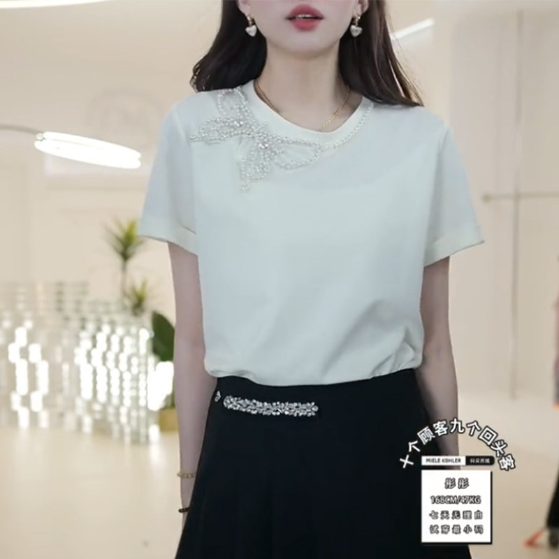 轻奢高级感重工钉珠短袖T恤女夏季2024新款气质宽松显瘦别致上衣