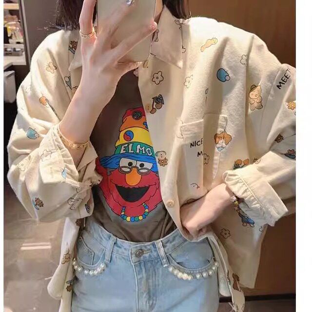 大码韩国女装2025秋季新款满身卡通小花朵印花减龄长袖杏色衬衫女