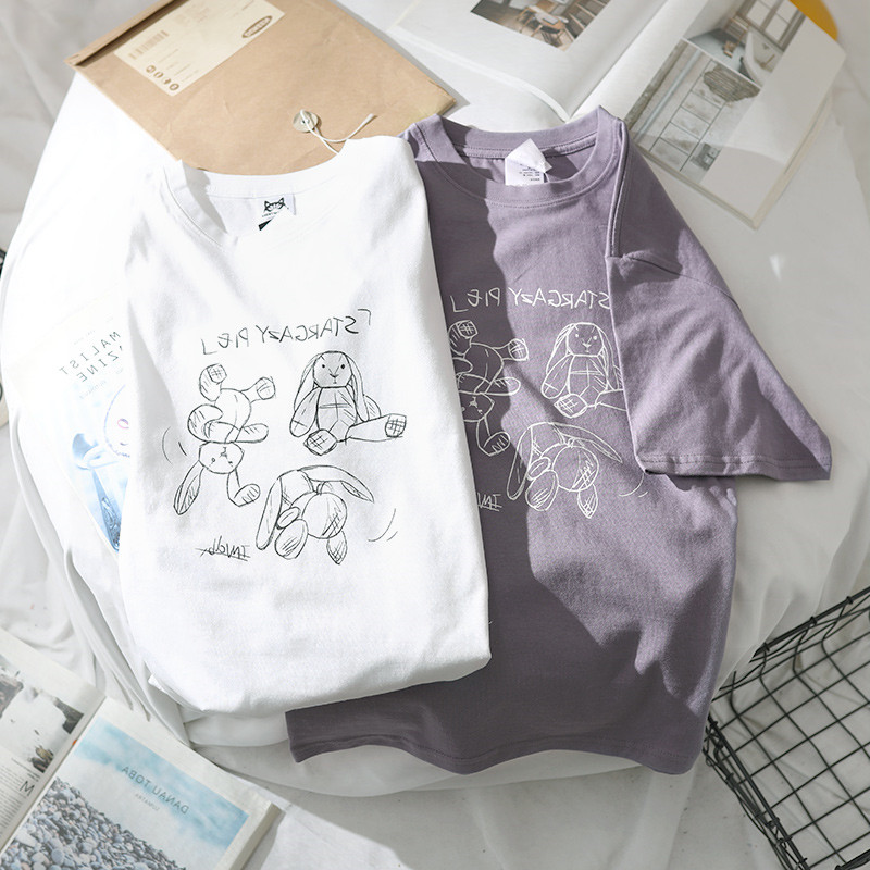 日系纯棉玩偶兔子短袖t恤女夏季设计感小众宽松chic港味半袖上衣