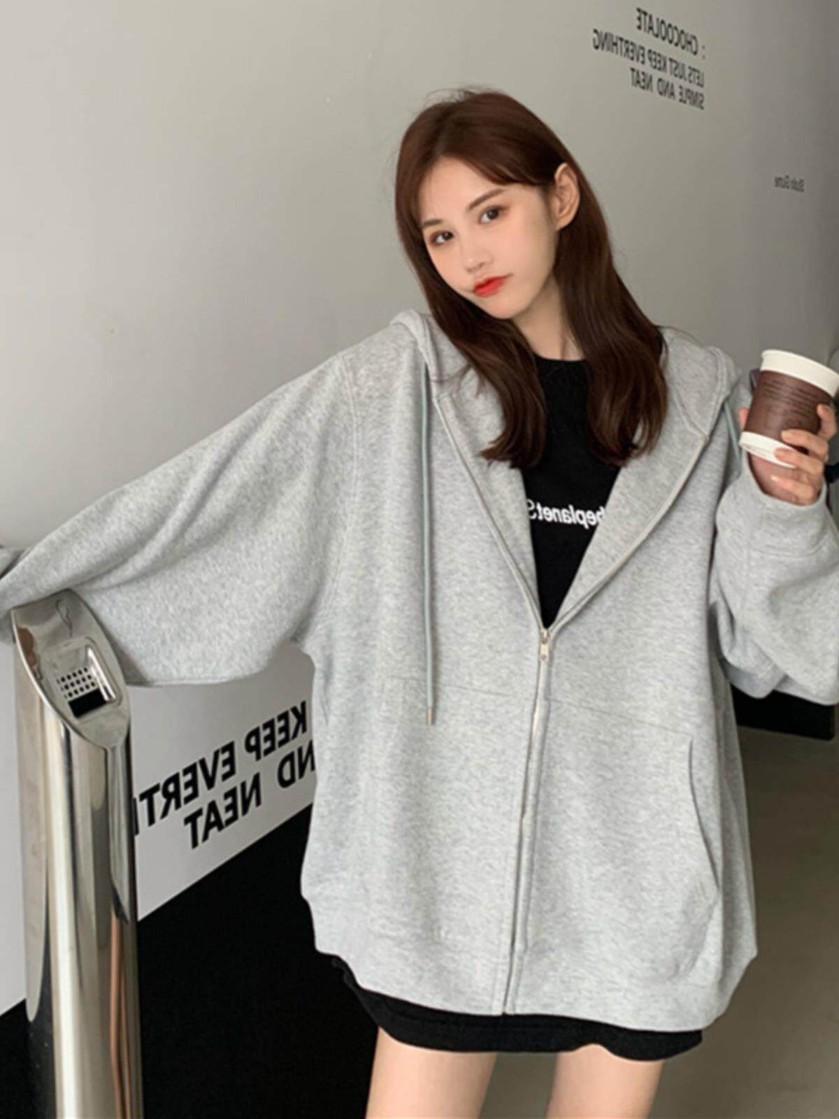 美式复古粉色连帽卫衣外套女宽松韩版ins潮简约百搭拉链开衫上衣