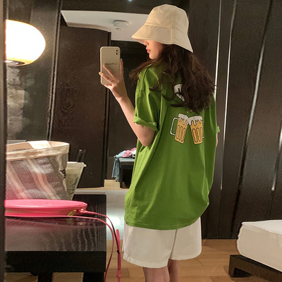 多巴胺纯棉短袖t恤女夏中长款绿色字母印花oversize宽松大版上衣