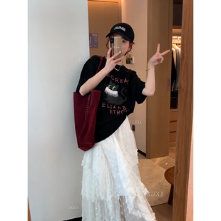 韩国东大门春季新款简约风减龄圆领短袖卡通字母T恤宽松显瘦上衣