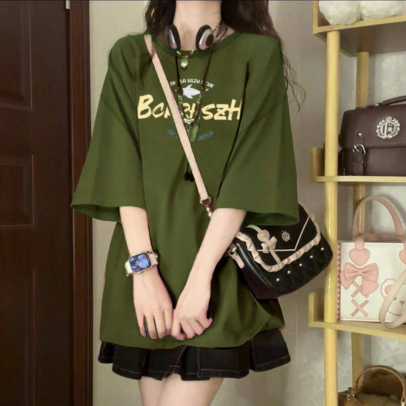 复古圆领军绿色短袖T恤女夏初中高中学生学院风宽松休闲半袖上衣